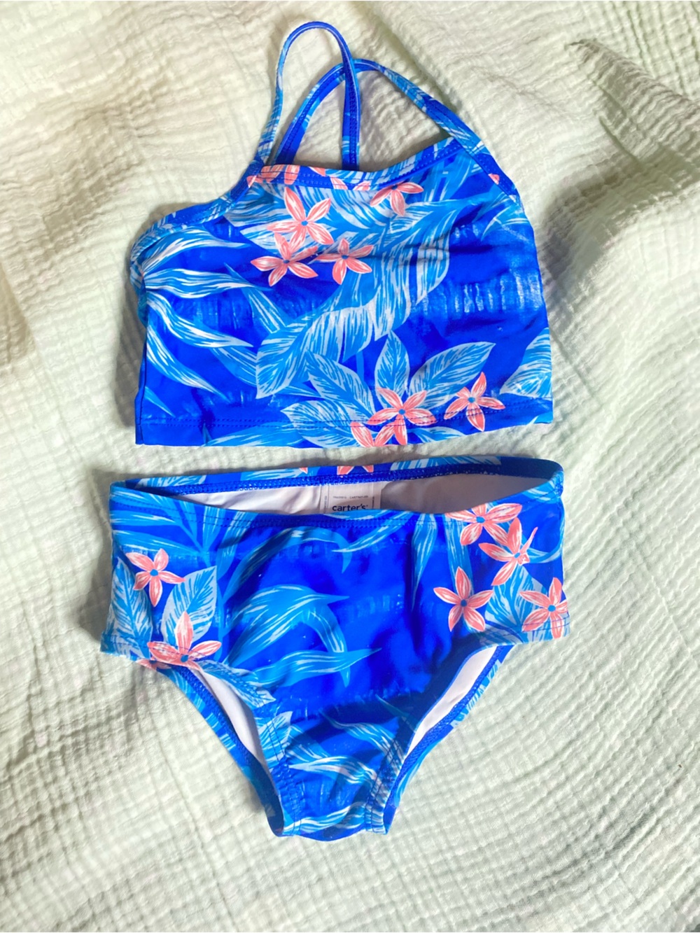 Girls Blue Tropical Floral Two-Piece Swim Set